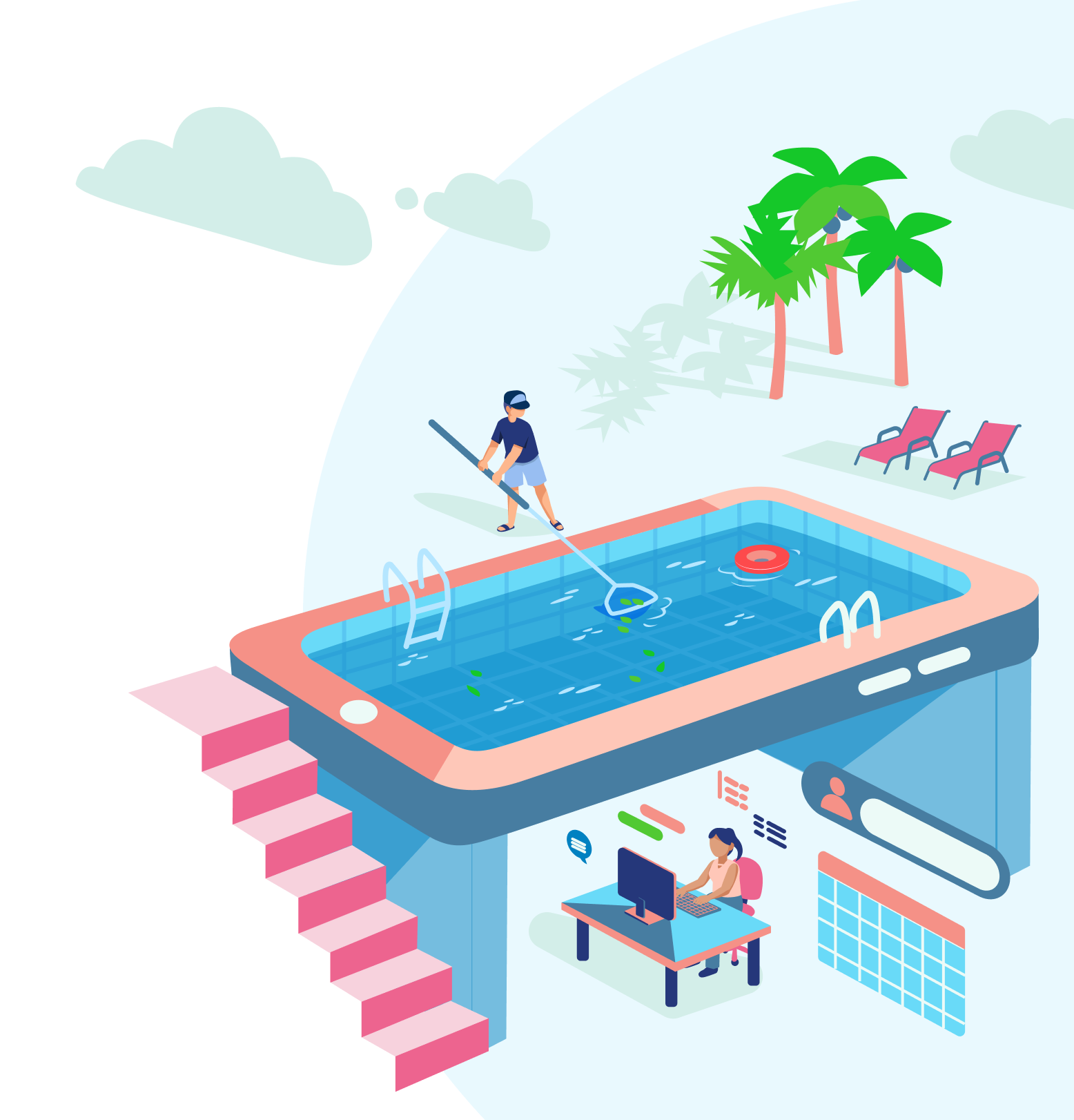 AquaSuite illustration showing support for both pool techs in the field and office admins