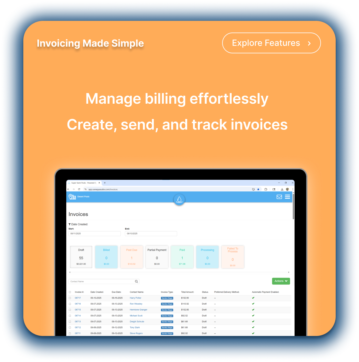 AquaSuite invoicing dashboard with automated invoice categories and bulk payment processing tools for admins