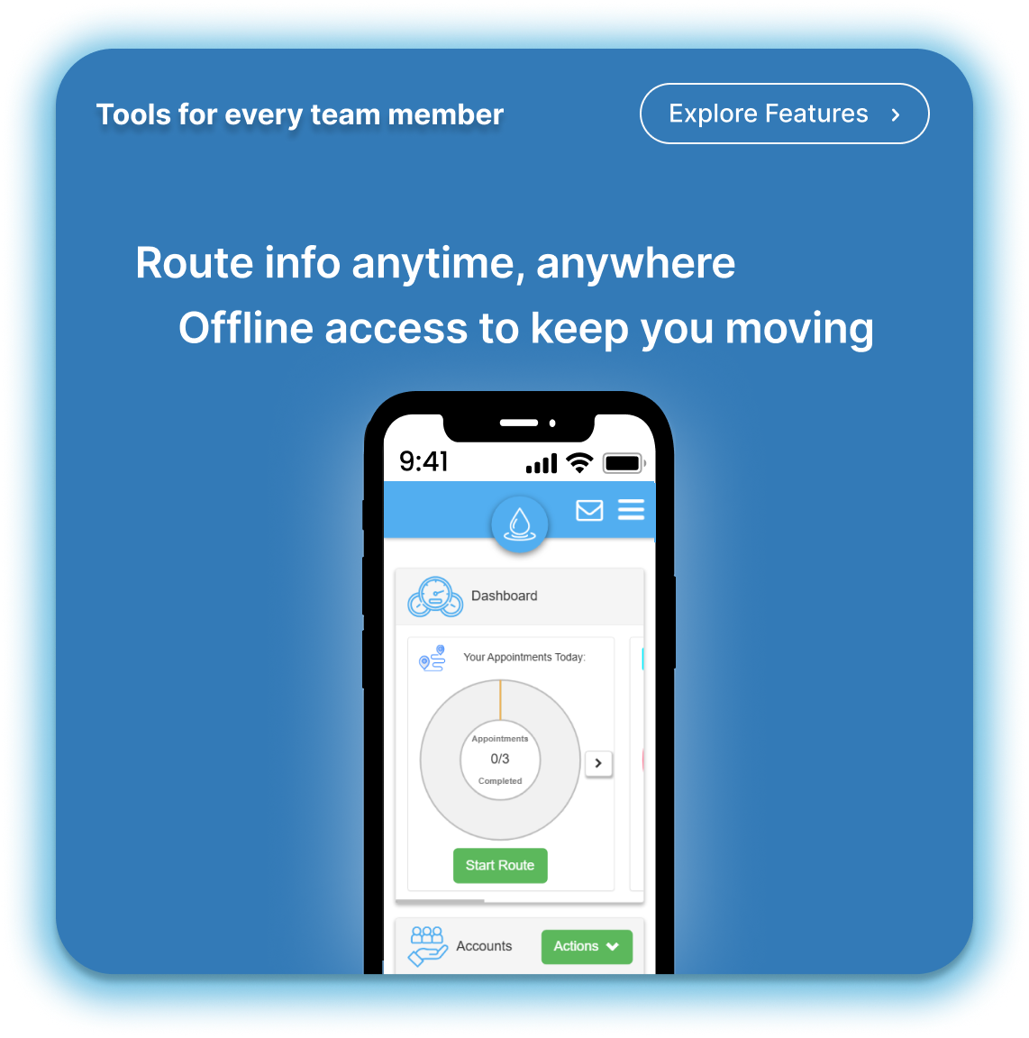 AquaSuite mobile route dashboard for pool technicians, works offline to keep routes accessible without service