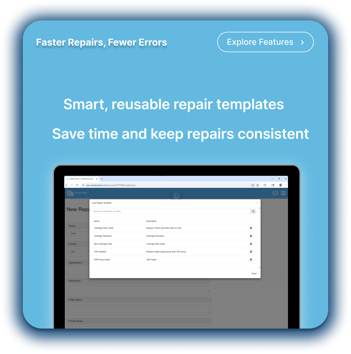 AquaSuite repair templates page showing reusable job templates for common pool repairs